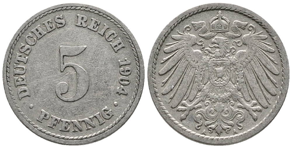 ГЕРМАНИЯ 5 ПФЕННИГОВ 1904 A KM 11, J. 12 медно-никель 39-811