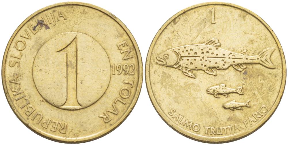 Словения 1 толар 1992 рыбы KM 4 никель латунь 4551-753
