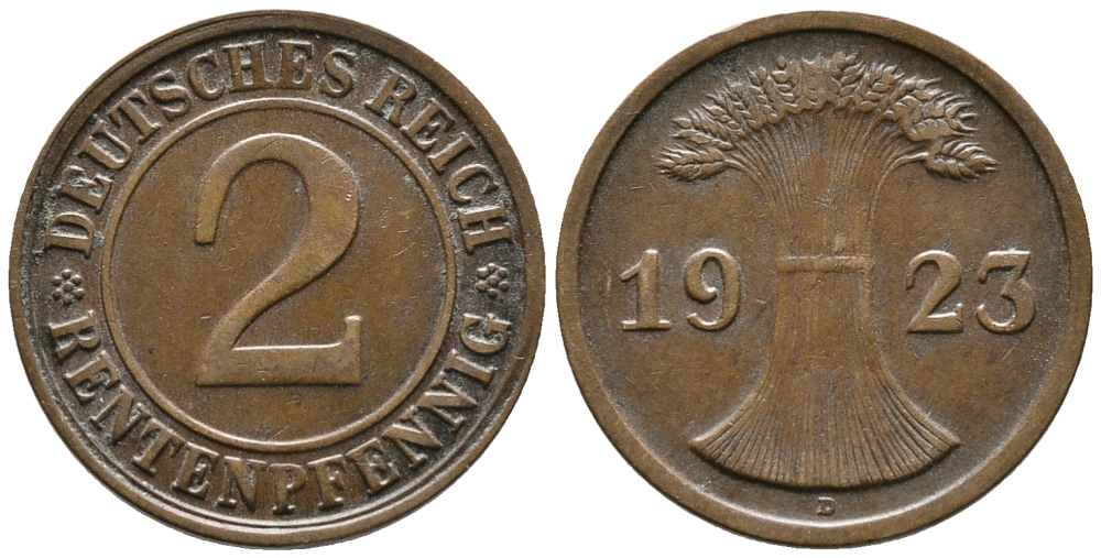 ГЕРМАНИЯ 2 РЕНТЕНПФЕННИГА 1923 D KM 31, J. 307 бронза 24-422