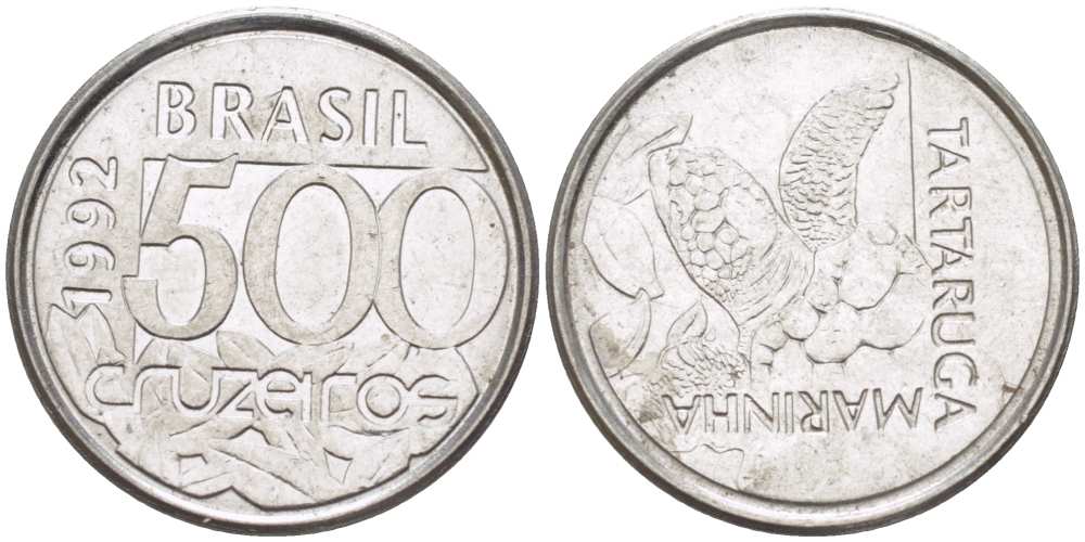 Бразилия 500 крузейро 1992 морская черепаха KM 624 нержавеющая сталь 4396-433