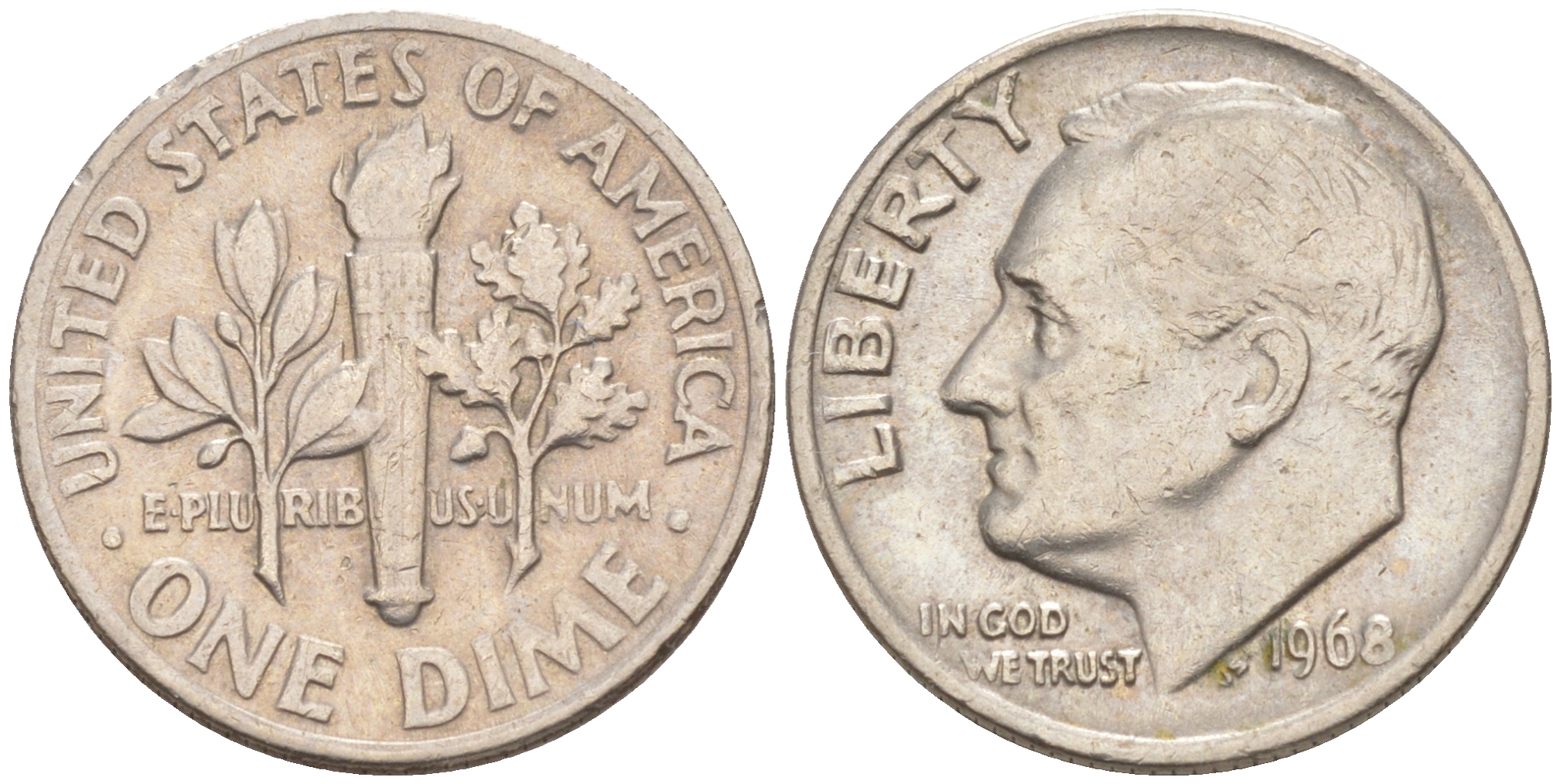 США 10 ЦЕНТОВ = 1 ДАЙМ 1968 РУЗВЕЛЬТ KM 195a медь плакированная медно-никелем 187-1045