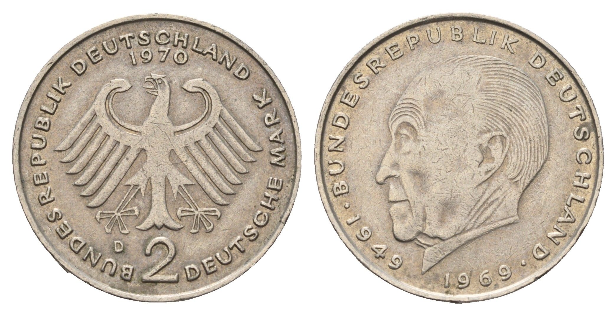 ФРГ 2 марки 1970 D, Конрад Аденауэр KM 124, J. 406 медно-никель 4675-256