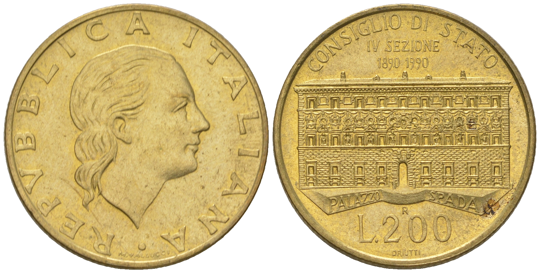 Италия 200 лир 1990 R, 100 лет государственному совету KM 135 алюминиевая бронза 4641-441
