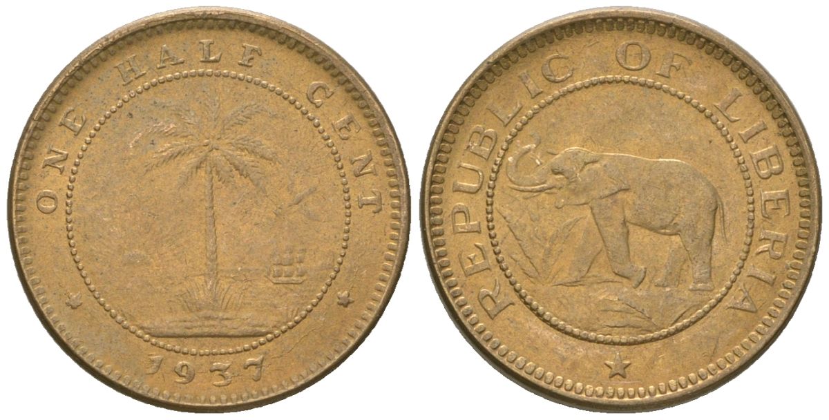 Либерия 1/2 цента 1937 KM 10 латунь aUNC 4594-466