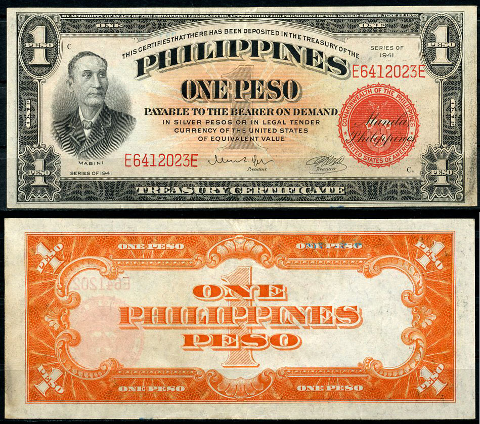 Филиппины 1 песо 1941 Аполинарио Мабини, серия E641 Pick 89 c  бумага   451-406-3