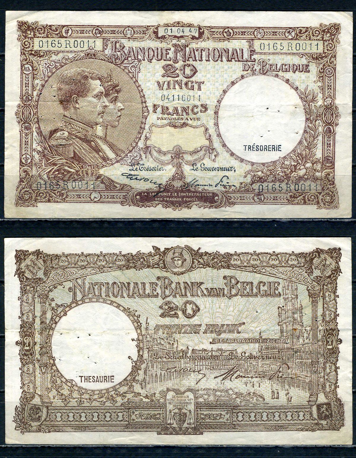 Бельгия 20 франков 1947 01.04.1947, Король Альберт I и его жена Королева Елизавета, Гран-Плас / Гроте Маркт, Брюссель Pick 111 (3) бумага 6301-18-3-1