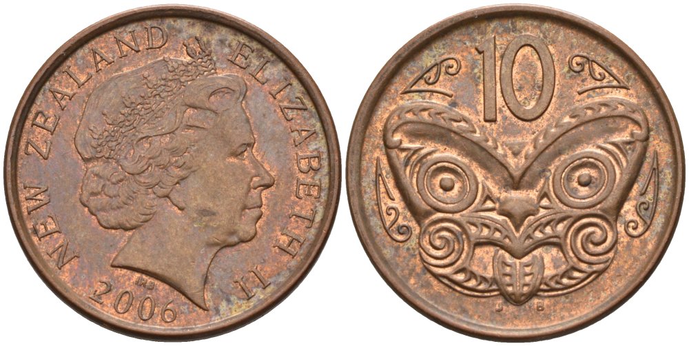 Новая Зеландия 10 центов 2006 маска Маори, Елизавета II (1952-) KM 117а сталь плакированная медью 186-522