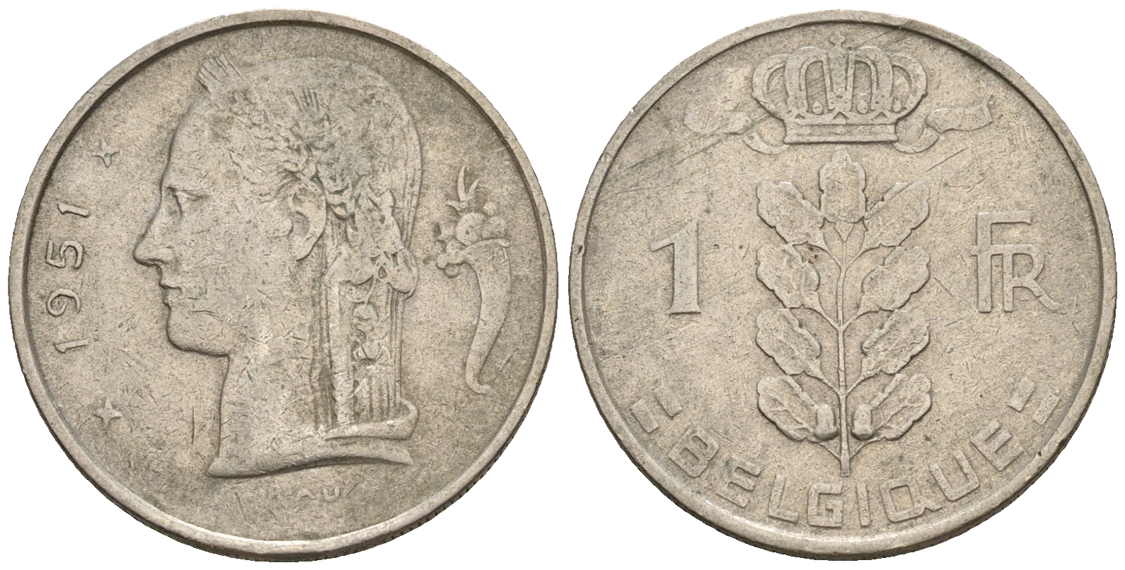 Бельгия 1 франк 1951 Belgique, Бодуэн I (1951-1993) KM 142.1 медно-никель 259-1036