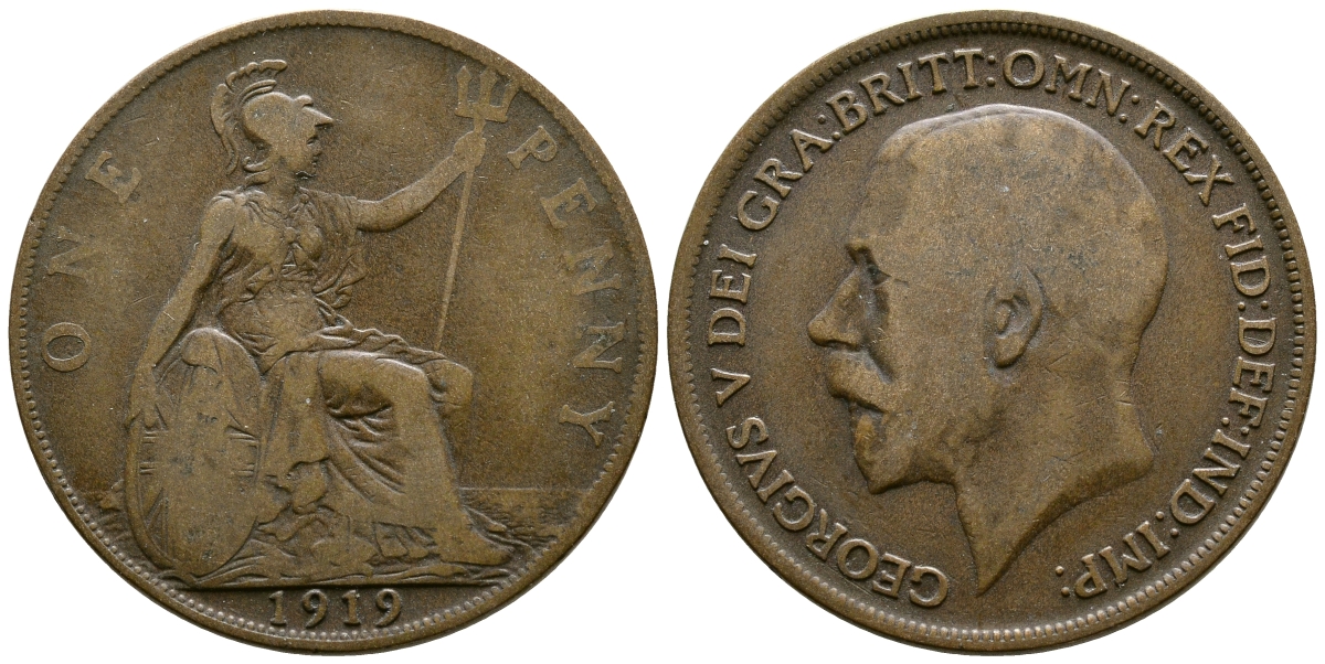 Великобритания 1 пенни 1919 Георг V (1910-1936) KM 810, Spink 4051 бронза 37-423