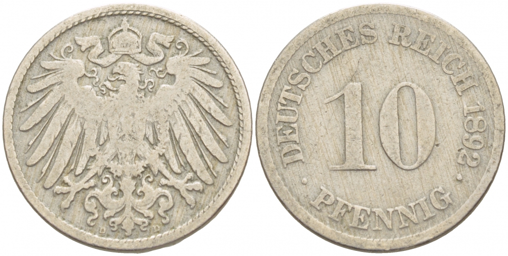 ГЕРМАНИЯ 10 ПФЕННИГОВ 1892 D KM 12, J 13 медно-никель 4539-1011