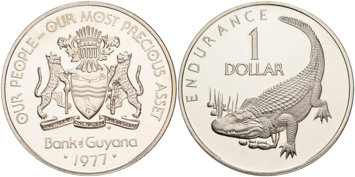 Гайана 1 доллар 1977 FAO, 10 лет независимости, кайман KM 42 медно-никель PROOF 00-000-00