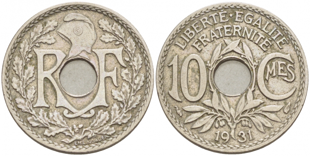 ФРАНЦИЯ 10 САНТИМОВ 1931 ТИП ЛИНДАЙЁ KM 866а, LE FRANC 138.18 медно-никель 98-146