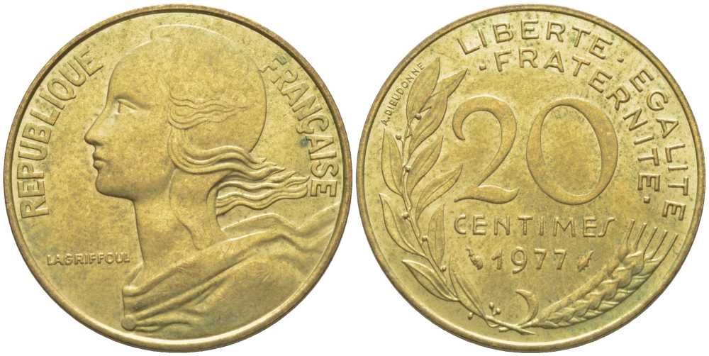 ФРАНЦИЯ 20 САНТИМОВ 1977 ТИП MARIANNE KM 930, LE FRANC 156.17 медь алюминий никель 175-843