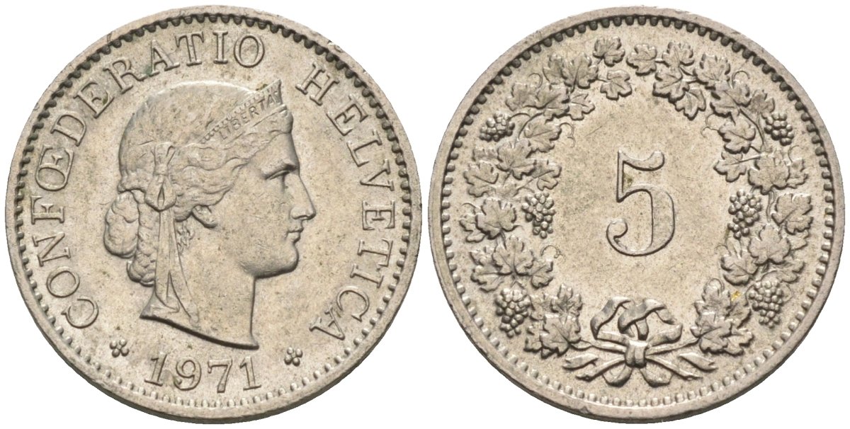 Швейцария 5 раппенов 1971 KM 26 медно-никель 4585-252