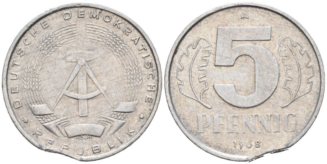 ГДР 5 пфеннигов 1968 А, БРАК КРУЖКА KM 9.1 алюминий 4549-551