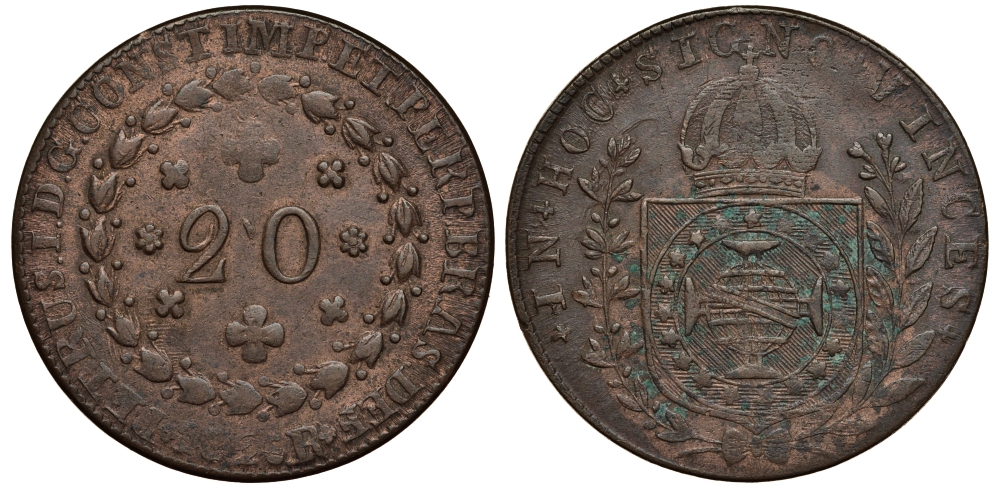 Бразилия 20 реалов 1825 R, Педру I (1822-1831) KM 360.1 медь 272-435