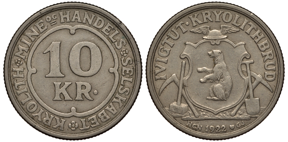 Гренландия 10 крон 1922 криолитовые шахты KM Tn49 медно-никель 1527-714
