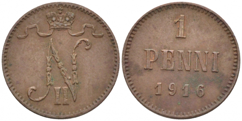 РОССИЯ ДЛЯ ФИНЛЯНДИИ 1 ПЕННИ 1916 НИКОЛАЙ II (1895-1917) KM 13, Биткин 476 медь 211-1066