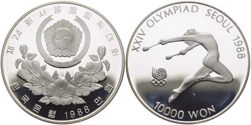 Южная Корея 10000 вон 1988 XXIV Летние Олимпийские игры в Сеуле 1988 года, художественная гимнастика KM 74 серебро PROOF 00-00