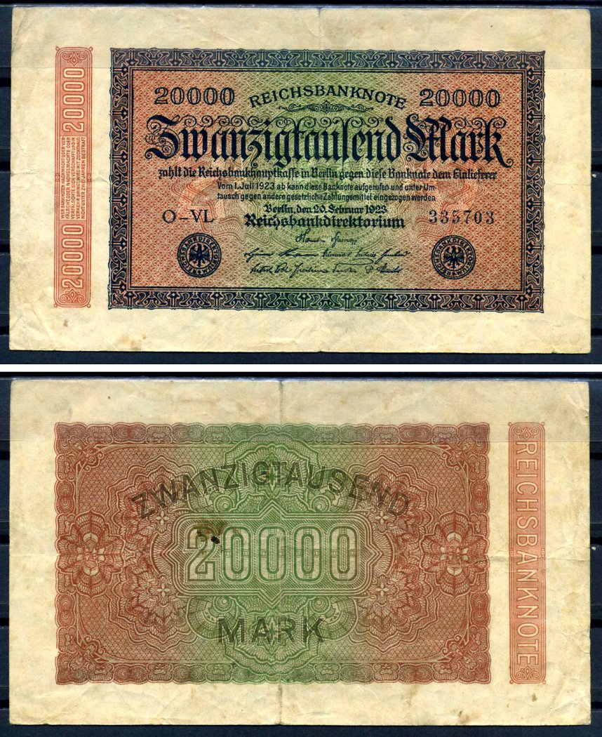 Германия 20000 марок 1923 20 февраля 1923, водяной знак L Pick 85 a бумага 8564-18-1-2