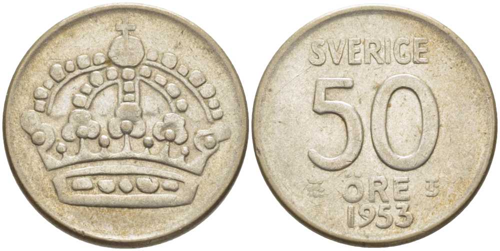 Швеция 50 эре 1953 TS, Густав VI Адольф (1950-1973) KM 825 серебро 119-1056