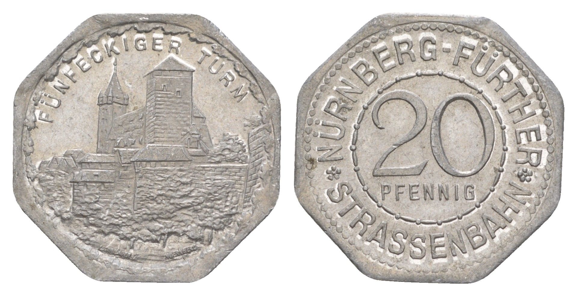 Нюрнберг трамвайный (транспортный) жетон в 20 пфеннигов ND (1920-1921) пятиугольная башня Men05 19256.12, Men18 24102.12 алюминий aUNC 3459-517