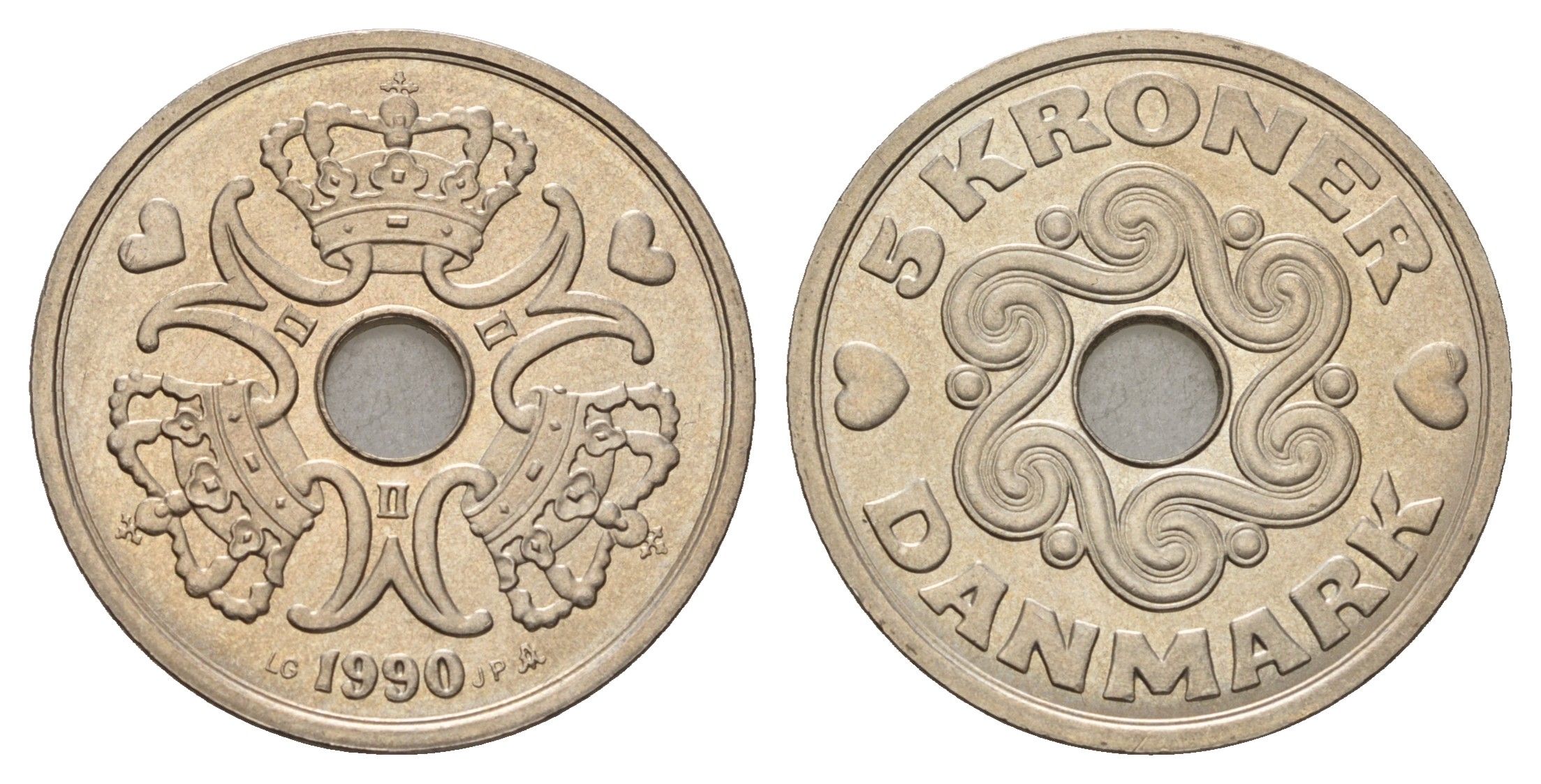 Дания 5 крон 1990 Маргрете II (1972-2024) KM 869 медно-никель UNC 175-551