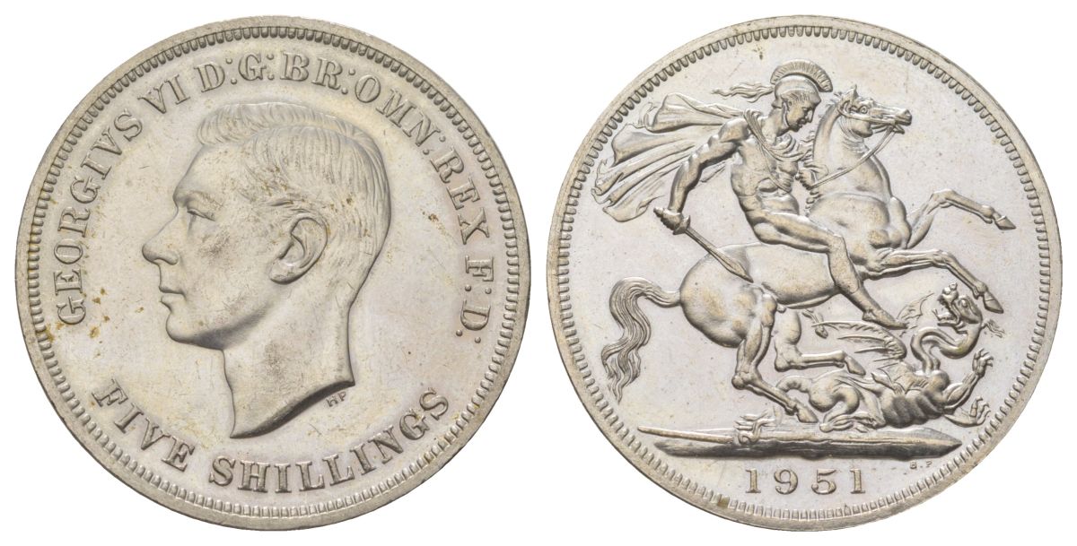 Великобритания 1 крона (5 шиллингов) 1951 Георг VI (1936-1952), фестиваль Британии, Георгий Победоносец KM 880, Spink 4111 медно-никель UNC 00-1067-6-44