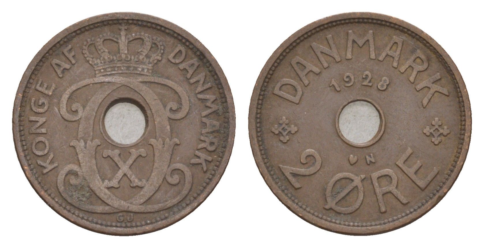 Дания 2 эре 1928 N, Кристиан X (1912-1947) KM 827 бронза 4658-217