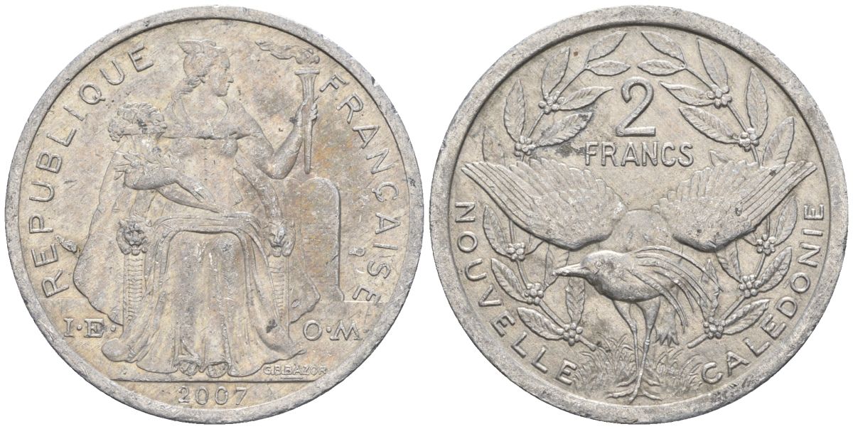 Французская Новая Каледония 2 франка 2007 птица кагу, (IEOM) KM 14, Schoen 11 алюминий    29-252