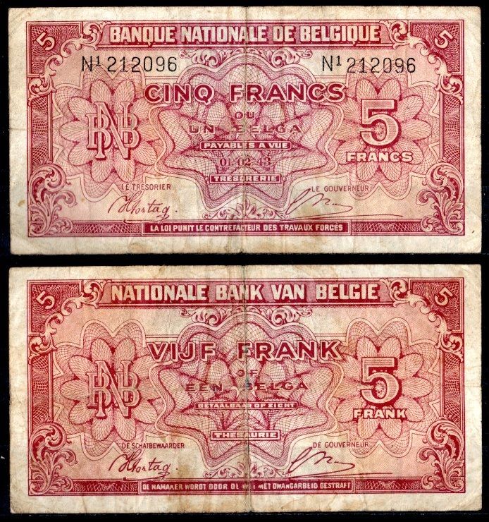 Бельгия 5 франков 1943 Pick 121 бумага 7457-28-3-1