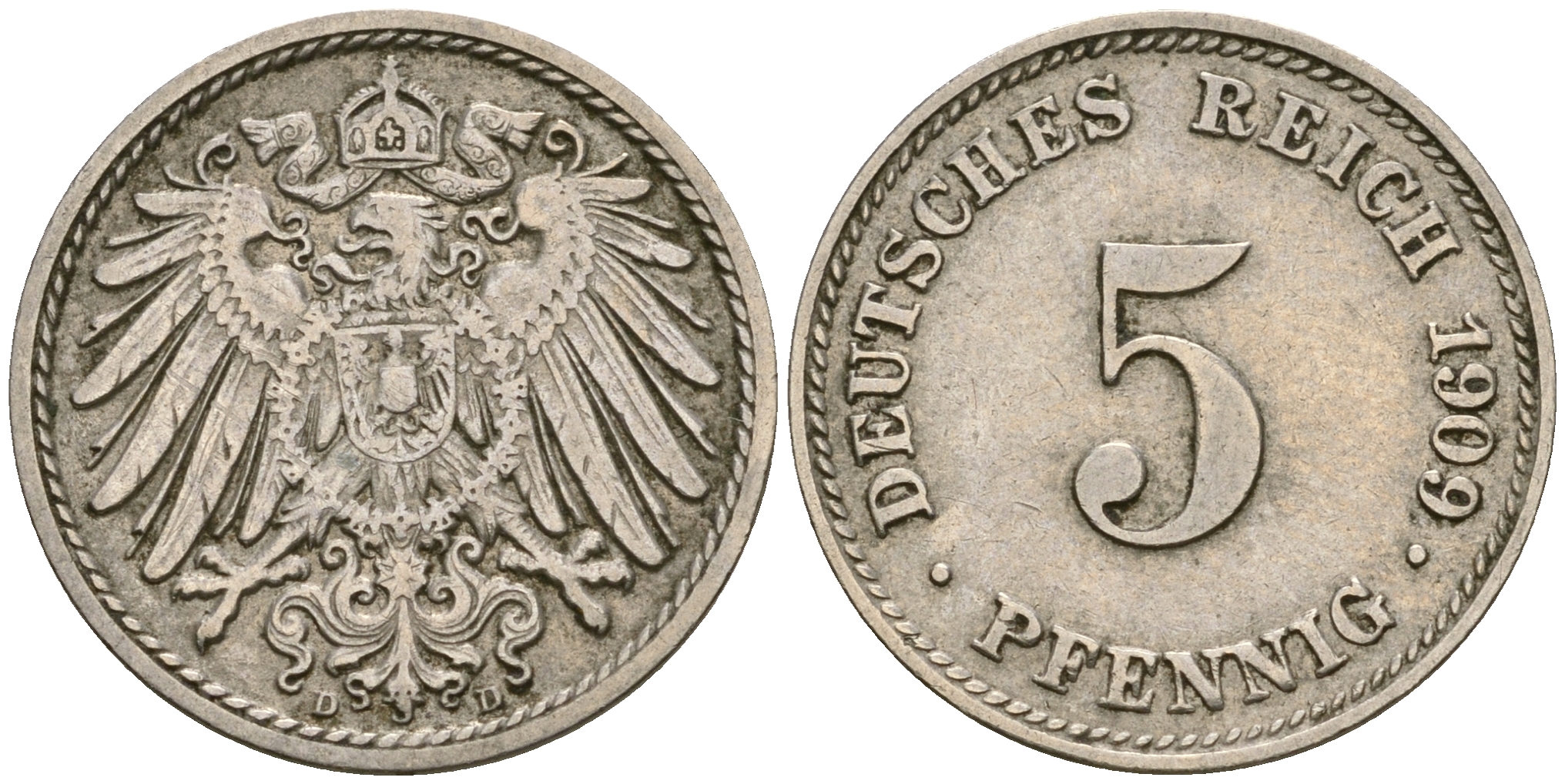 Германия 5 пфеннигов 1909 D, KM 11, J. 12 медно-никель 4608-846