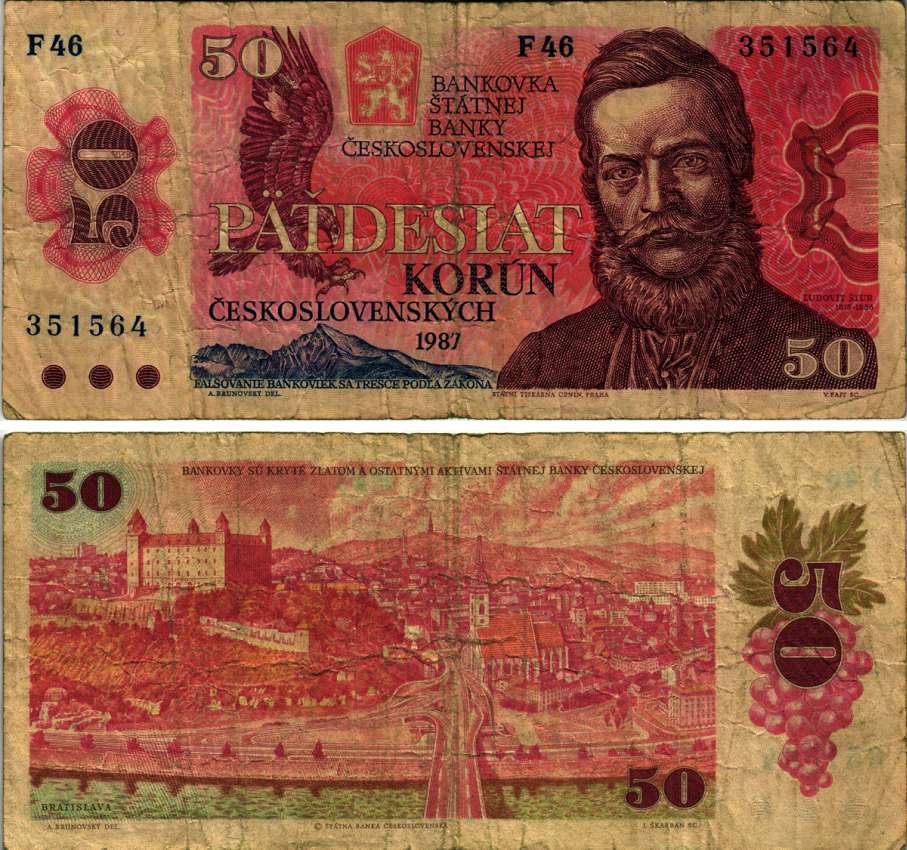 ЧЕХОСЛОВАКИЯ 50 КРОН 1987 СЕРИЯ F, ЛЮДОВИТ ВЕЛИСЛАВ ШТУР, БРАТИСЛАВА ВИД ГОРОДА Pick 96а бумага 7148-27-1-2