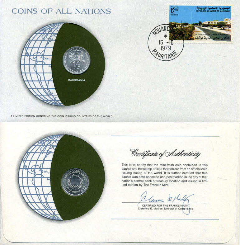 МАВРИТАНИЯ 1/5 УГУЙЯ 1973 КОНВЕРТ С МАРКОЙ ПЕРВОГО ДНЯ ГАШЕНИЯ, COINS OF NATIONS KM 1 алюминий UNC 4294-67-2