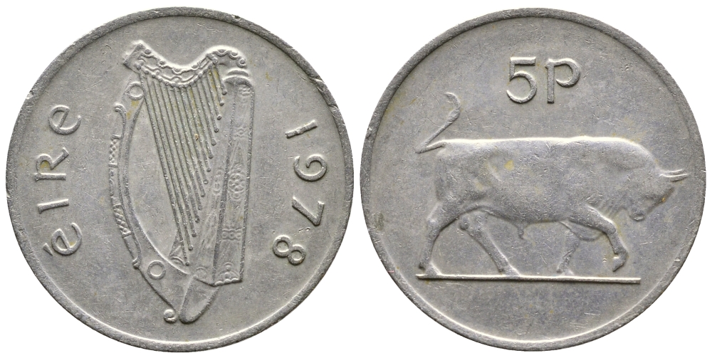 ИРЛАНДИЯ 5 ПЕНСОВ 1978 БЫК KM 22 медно-никель 4110-922