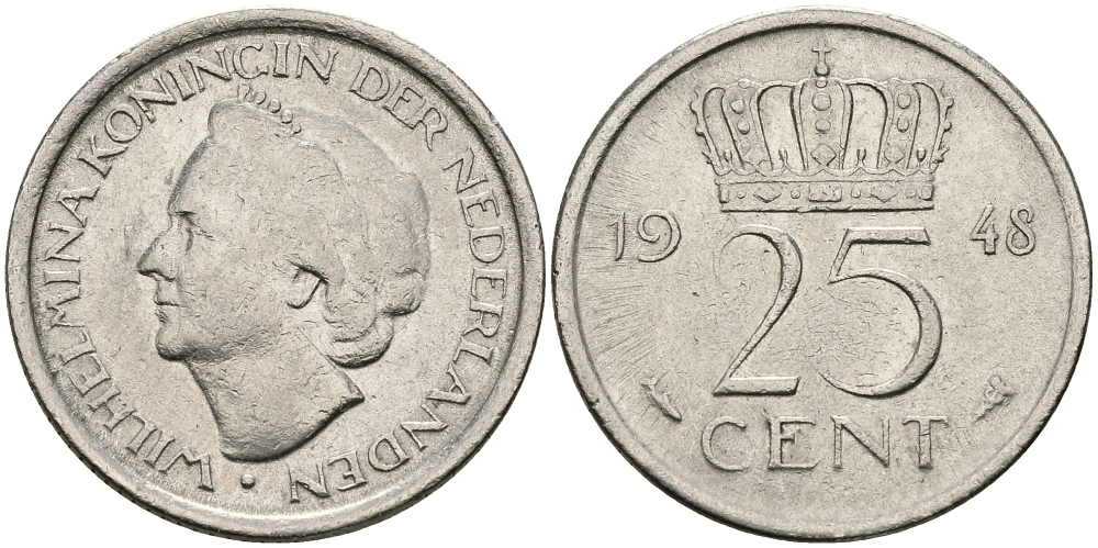 НИДЕРЛАНДЫ 25 ЦЕНТОВ 1948 ВИЛЬГЕЛЬМИНА KM 178 никель 46-2447