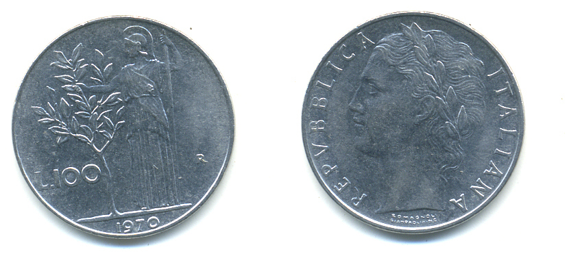 ИТАЛИЯ 100 ЛИР 1970 R АФИНА KM 96.1 сталь 3999-333