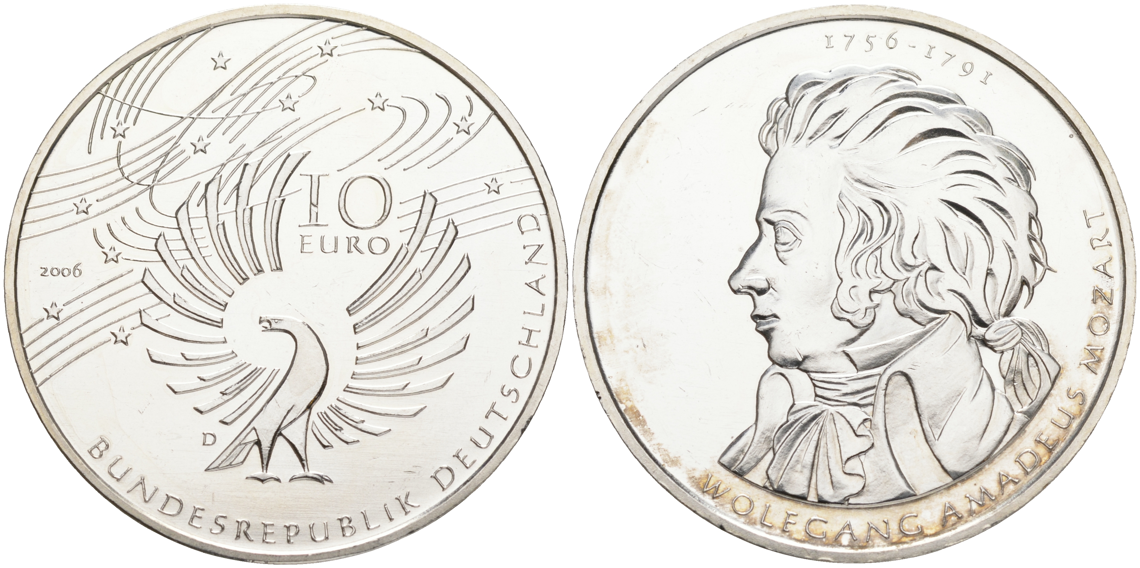 ФРГ 10 евро 2006 D, 250 лет со дня рождения Вольфганга Амадея Моцарта KM 248, DE.S. 10.29 серебро UNC 107-1231