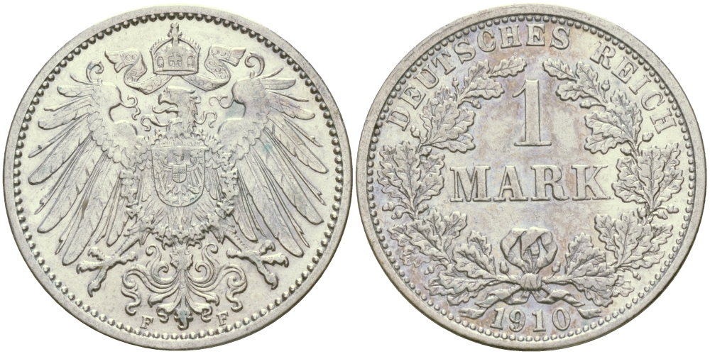 Германия 1 марка 1910 F Weege 18, J. 17, KM 14 серебро aUNC 65-234