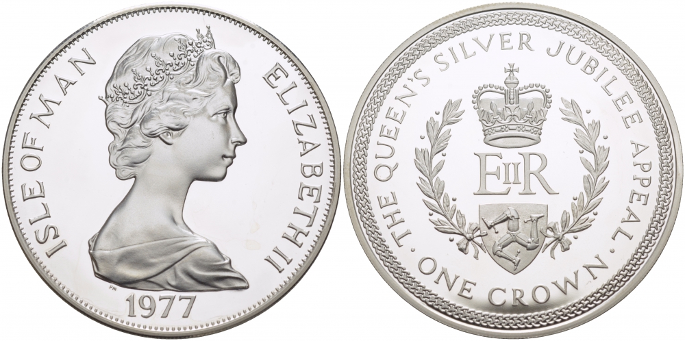 Остров Мэн 1 крона 1977 Серебряный юбилей правления королевы Елизаветы II KM 42а серебро PROOF 1082-2-23