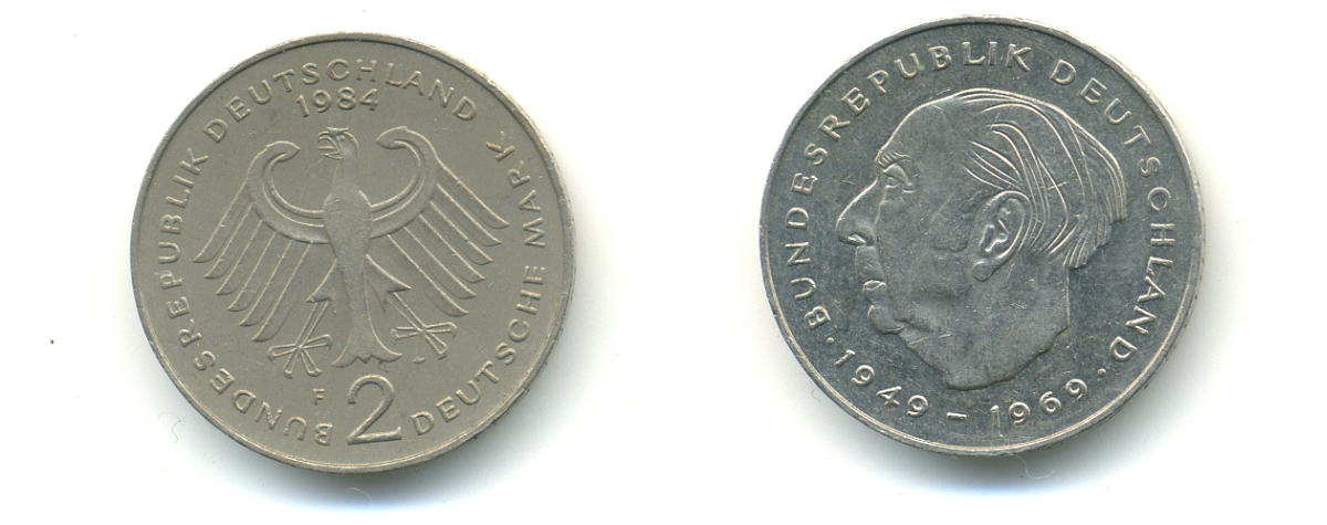 ФРГ 2 марки 1984 F, Теодор Хойс KM 127, J. 407 медно-никель плакированный никелем 83-1857