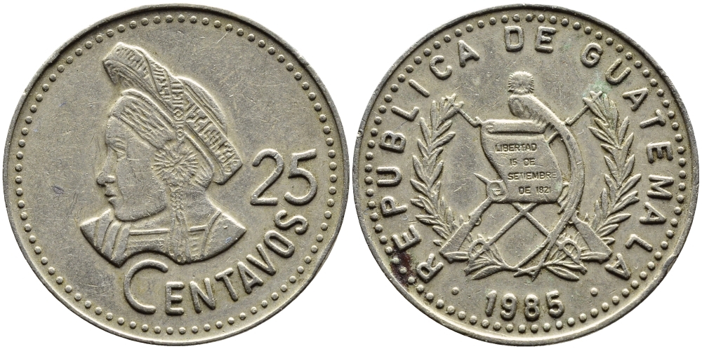 Гватемала 25 сентаво 1985 большая голова, Республика Гватемала KM 278.5 медно-никель 4389-413