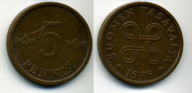 ФИНЛЯНДИЯ 5 ПЕННИ 1976 KM 45 медь 61-1222