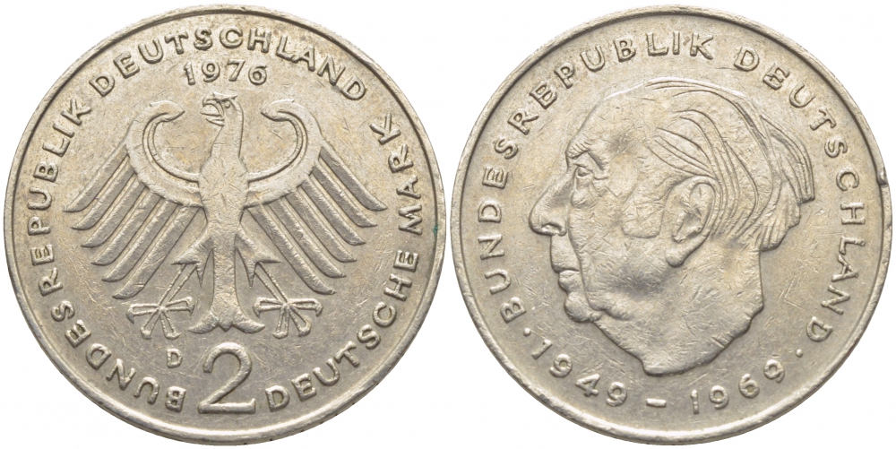 ФРГ 2 МАРКИ 1976 D, ТЕОДОР ХОЙС KM 127, J. 407 медно-никель плакированный никелем 3856-337