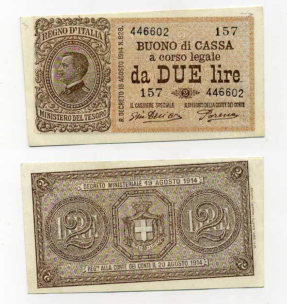 Италия 2 лир 1914 подписи Giu. dell'Ara & Porena, Pick 36 c, Grapanzano BS 13 бумага aUNC 451-655-1-1