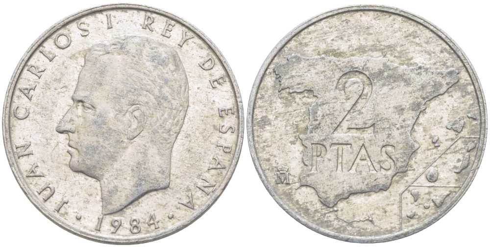 ИСПАНИЯ 2 ПЕСЕТЫ 1984 ХУАН КАРЛОС I (1975-), КАРТА KM 822 алюминий 213-147