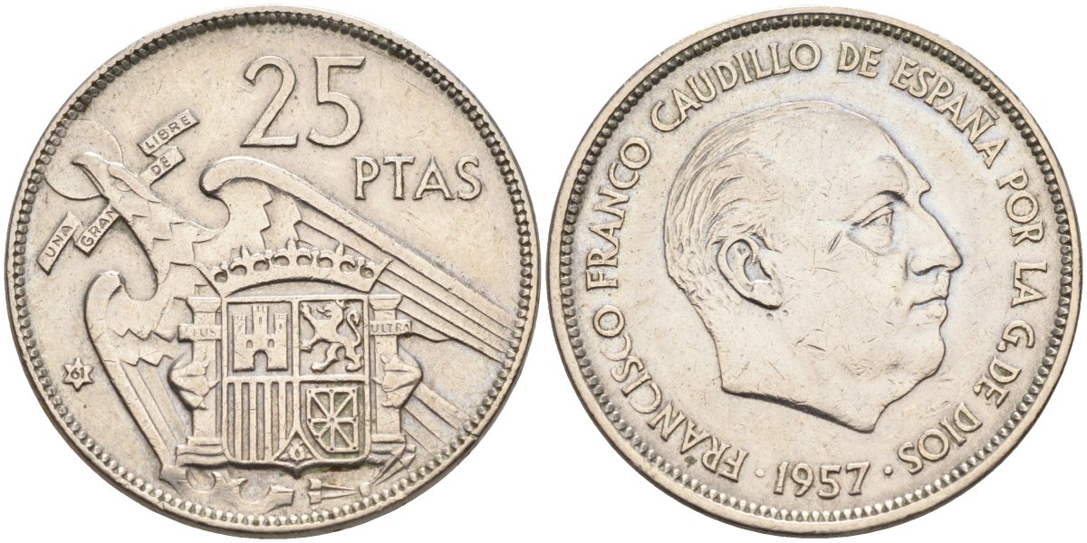 Испания 25 песет 1957(61) Франциско Франко (1939-1975) KM 787 медно-никель 4583-1033