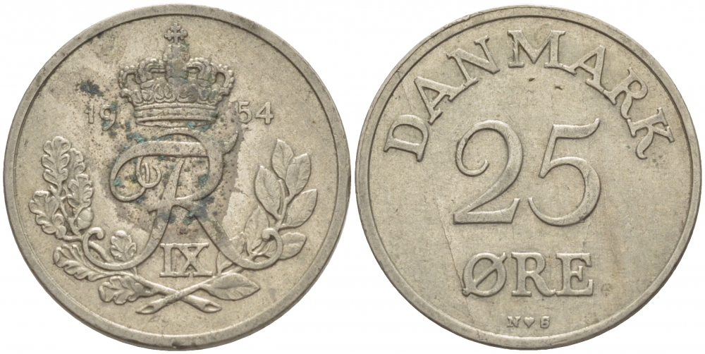 Дания 25 эре 1954 N; S, Фредерик IX (1947-1972) KM 842.1 медно-никель 86-1145