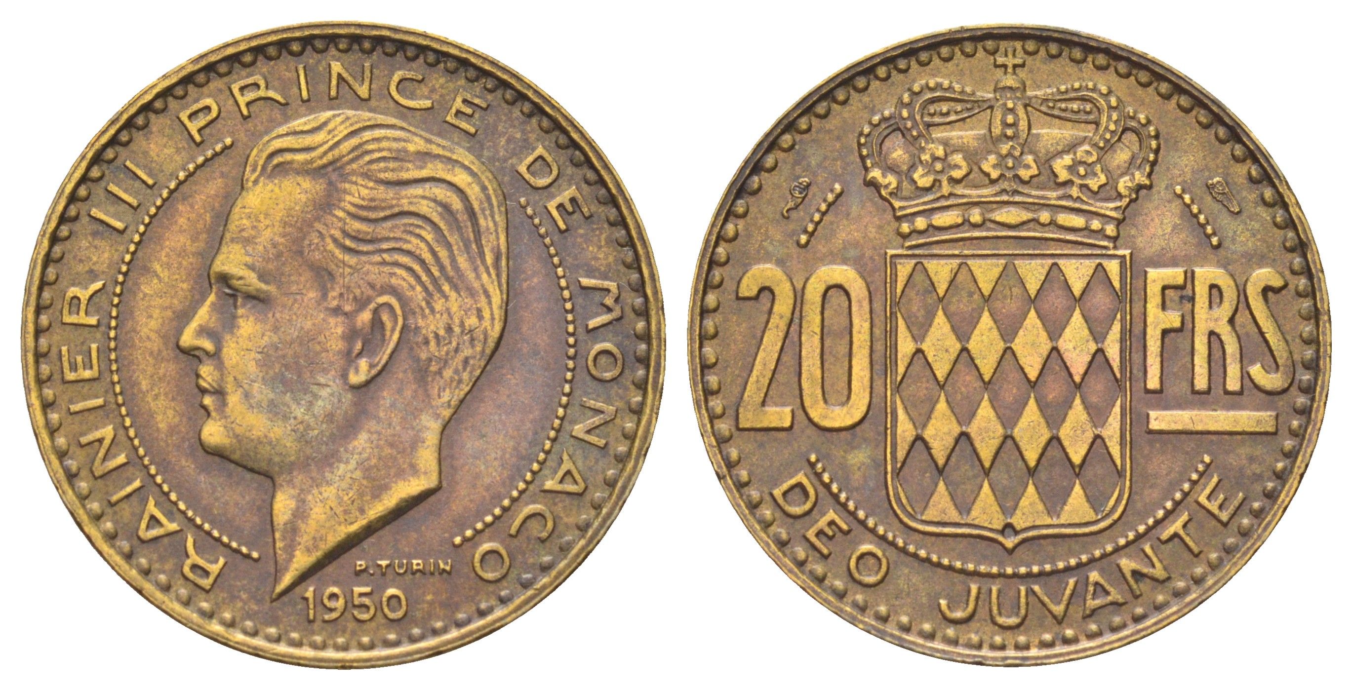 Монако 20 франков 1950 Ренье III (1949-2005) KM 131 алюминиевая бронза 4642-342