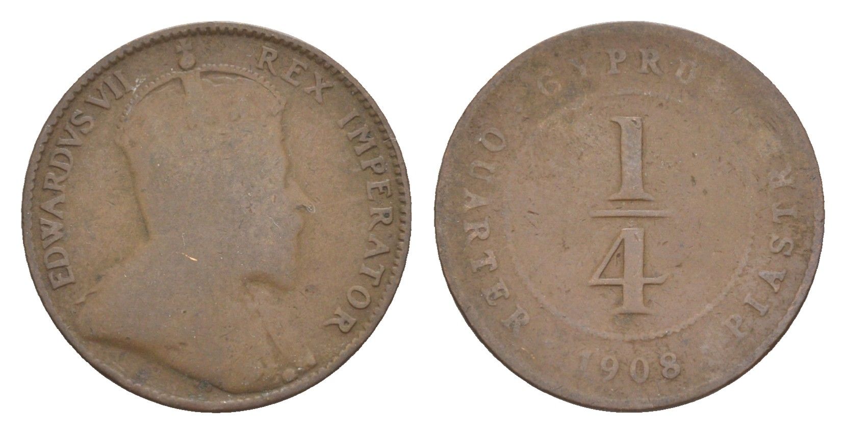 Кипр 1/4 пиастра 1908 Эдуард VII (1901-1910), редкий год, тираж 36.000 экземпляров KM 8 бронза 4127-1131